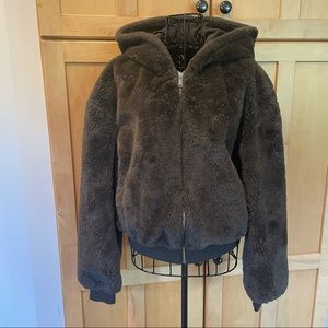 New York & Company brown faux fur short zip up Coat with hoodie and pockets S